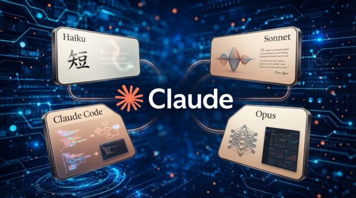 Illustration comparing Claude AI models including Haiku, Sonnet, Opus, and Claude Code in the Anthropic ecosystem.