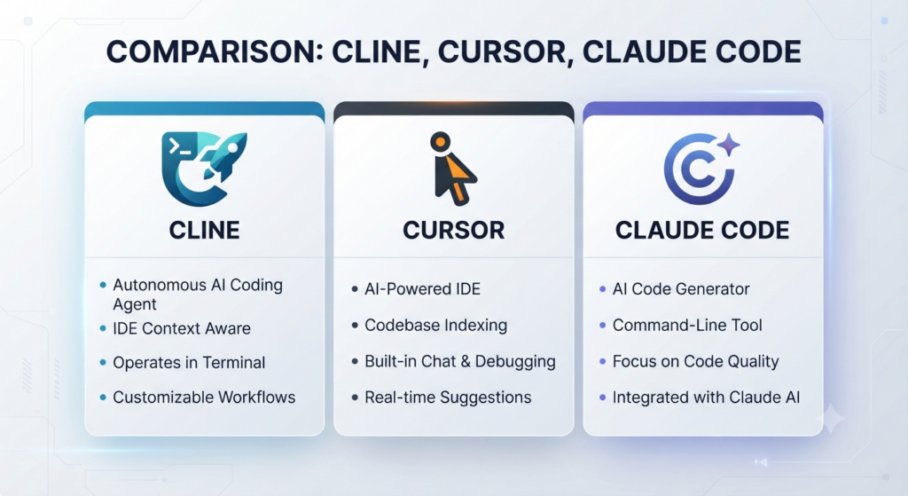 Cline AI compared with Cursor and Claude Code