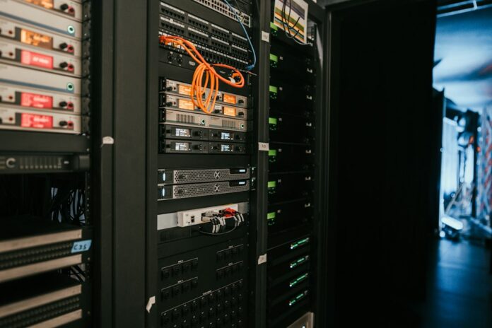 Server infrastructure representing AI agent concurrency control, queues, worker pools, backpressure and parallel tool execution